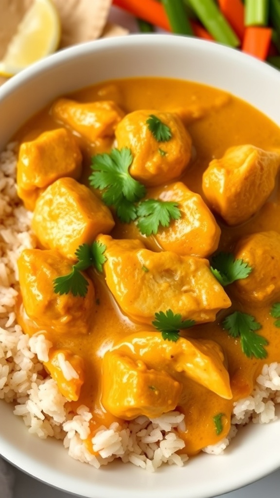 A bowl of low-calorie chicken curry with chicken in coconut sauce, served with brown rice and garnished with cilantro.